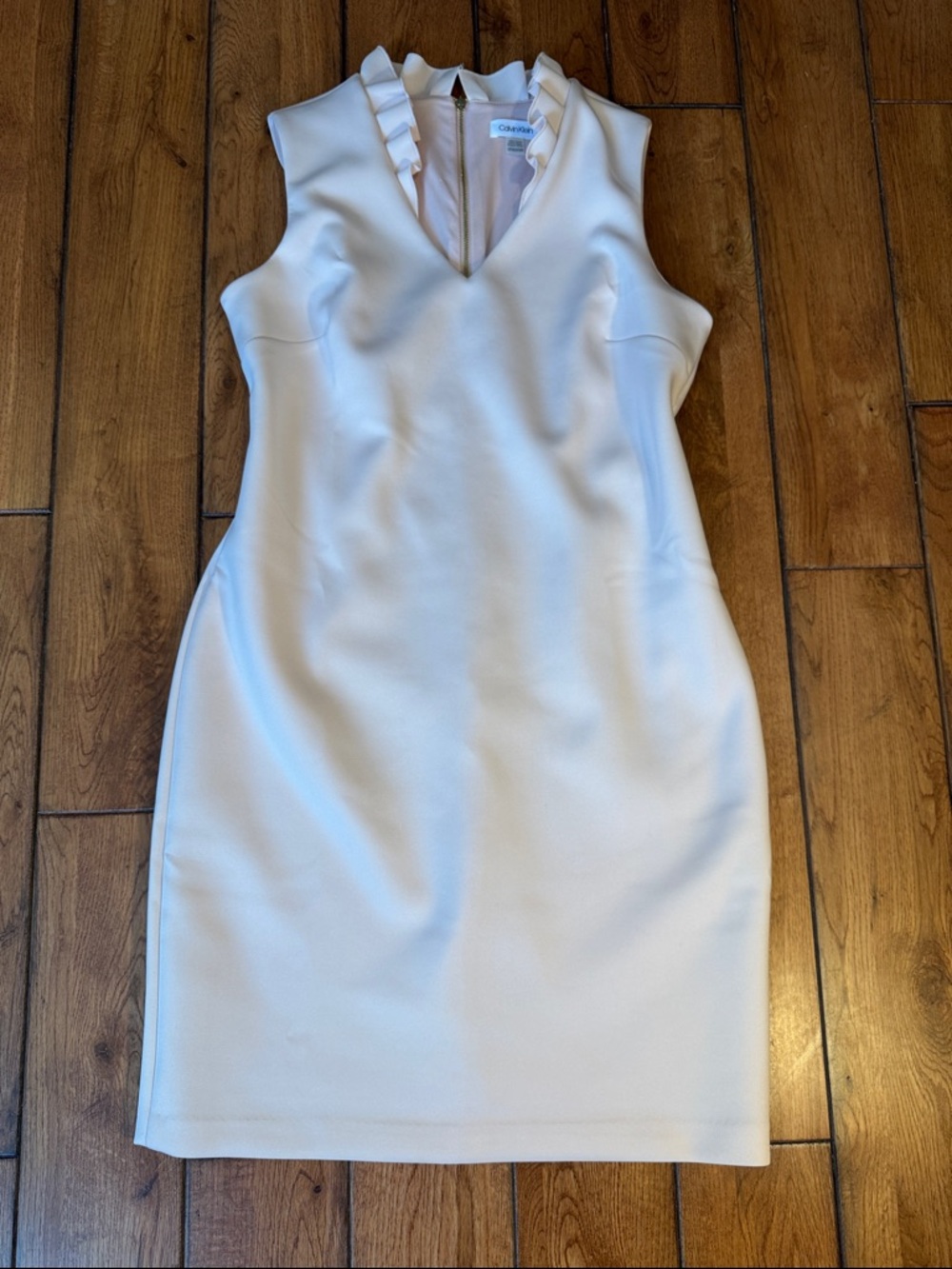 Calvin Klein Cream Ruffle V-Neck Midi Sheath Dress